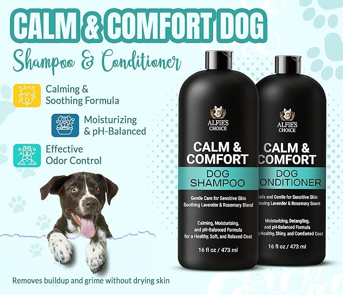ALFIE'S CHOICE Calm & Comfort Dog Shampoo & Conditioner Set | 16 fl oz Each | Lavender & Rosemary with Vitamin E | Soothing, Moisturizing for Calming All Breeds