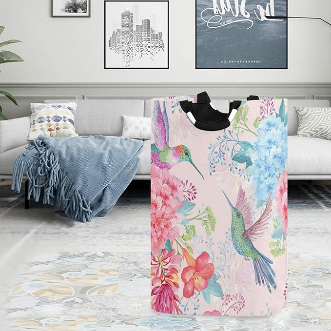visesunny Pretty Hummingbird And Pink Flower Large Laundry Hamper with Handle Foldable Durable Clothes Hamper Laundry Bag Toy Bin for Bathroom, Bedroom, Dorm, Travel