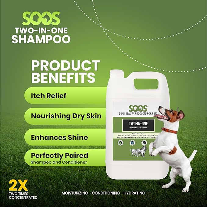 Soos Pets Two-in-One Shampoo Plus Conditioner for Dogs & Cats | 2-in-1 Natural Dead Sea Minerals | Cleansing & Moisturizing Formula | Gentle on Skin, Promotes Soft Shiny Coat - 4L