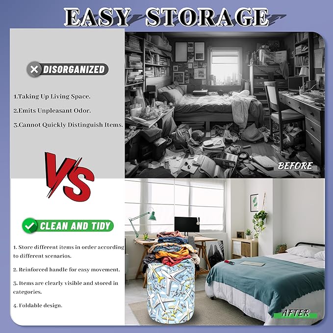 Cartoon Plane Laundry Basket Foldable Funny Laundry Hamper With Handle Oxford Cloth Portable Clothes Storage Organizer Basket 18.9"x16.5" Laundy Bag For Laundry Room/Bedroom/Bathrooms