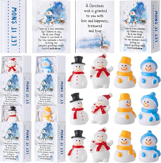 HyDren 24 Sets Mini Resin Snowman Christmas Appreciation Gifts Mini Snowman Figurines with Container Xmas Micro Landscape Ornament Thank You Team Gifts for Employees Friends Bulk Xmas Party Favors