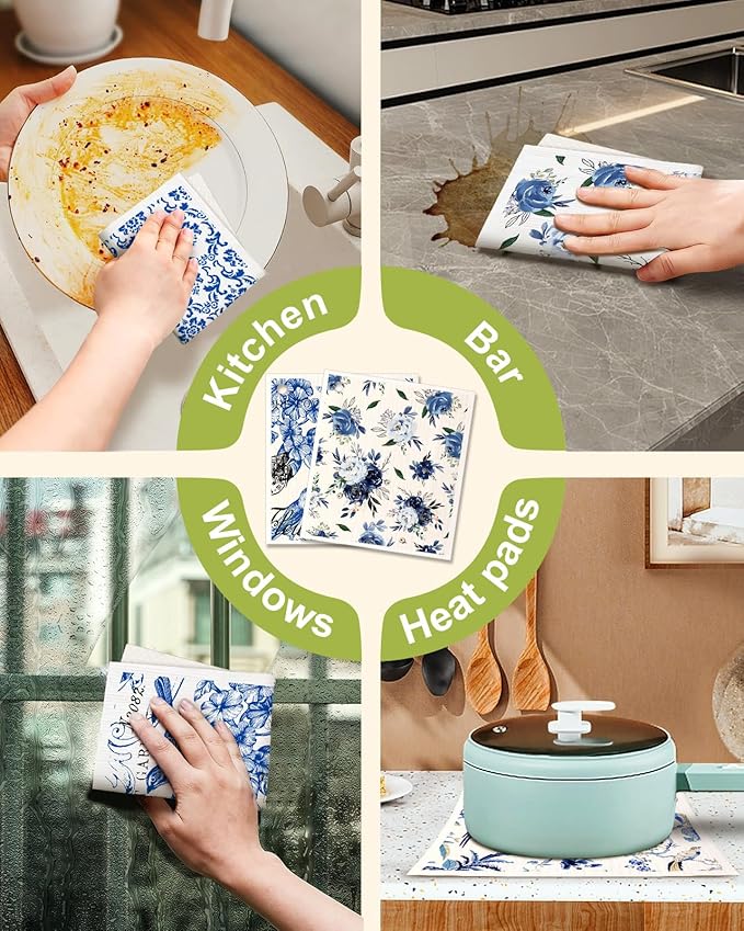 6 Pack Swedish Dishcloths for Kitchen - Reusable Dish Cloths for Washing Dishes Absorbent Cute Funny Kitchen Towels Cleaning Sponge, Blue Floral
