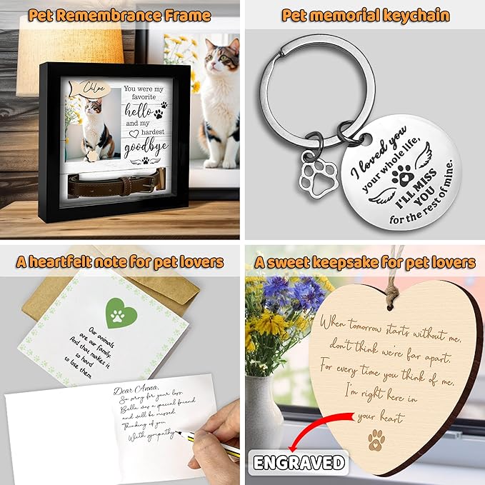 2-Sided Pet Memorial Frame with Collar Holder, Pet Memorial Ornament, Dog Cat Sympathy Card, Loss of Dog Paw Print Keychain, Remembrance Gift for Cat Lovers, Favorite Hello Hardest Goodbye PF225