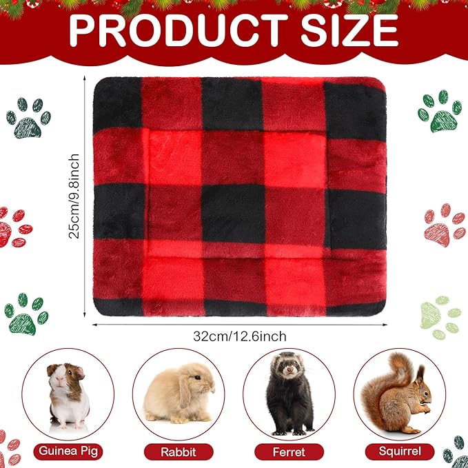 Haull 4 Pcs Waterproof Guinea Pig Bedding Winter Guinea Pig Bed Plush Cage Liners Soft Dog Cat Mat Reversible Winter Cozy Animal Pee Pad Hamster Bed Mat for Bunny (Red Black Plaid,13 x 10 Inch)
