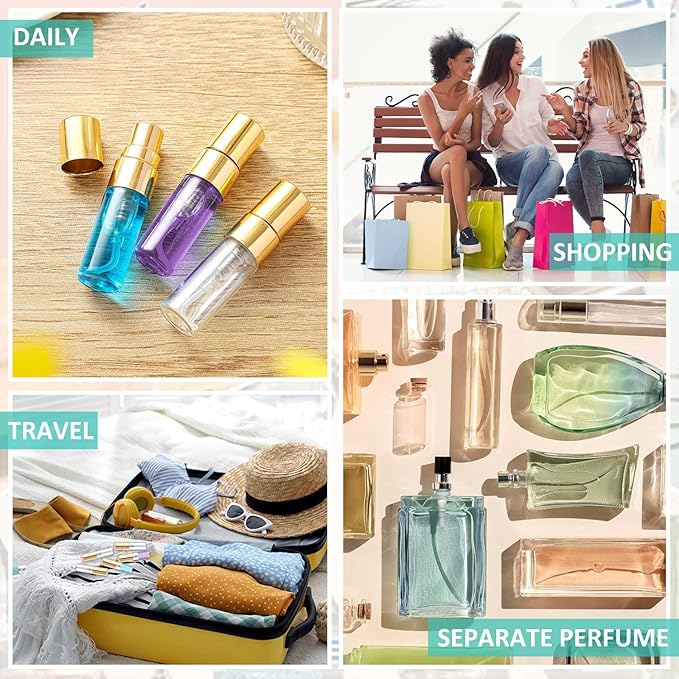 Zhehao 50 Pcs Mini Spray Bottles 3 ml Clear Glass Perfume Bottles Refillable Fine Mist Perfume Atomizer Portable Empty Sample Containers for Cleaning, Essential Oils, Travel (Gold Cap)