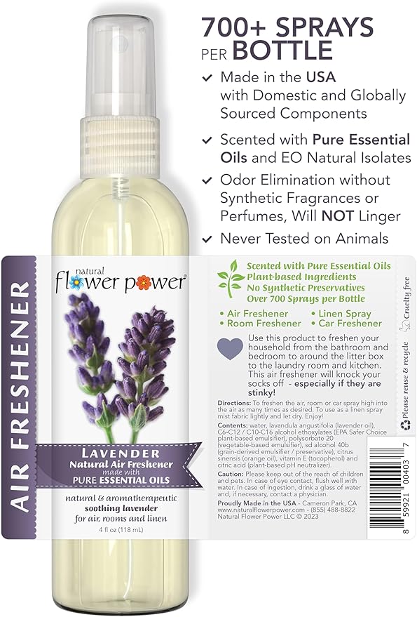 Natural Flower Power Air Freshener Spray - Odor Eliminator w/Essential Oils - Home, Car & Fabric - Cruelty Free & Vegan - Variety Pack - Lavender + Lemongrass + Peppermint & Lemon - 3 x 4 fl oz