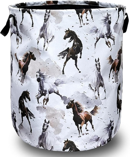Watercolor Horses Laundry Basket Foldable With Handles Tote Bag Oxford Cloth Funny Animal Laundry Hamper 18.9" x 16.5" Clothes Storage Bucket Toy Organizer For Bathroom/Laundry/Bedroom