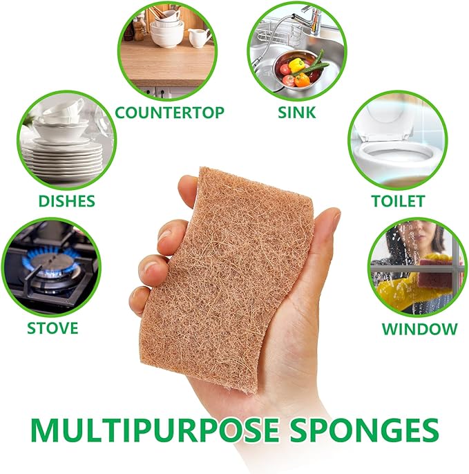 Natural Kitchen Sponges, 12 Pack Non-Scratch Scrubber, Biodegradable Compostable Sisal Cellulose Dish Scrub Sponges, Household Cleaning Sponges for Dishes