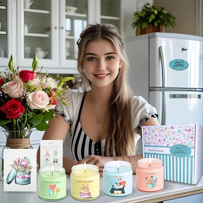 Luina Birthday Candle Gift Set, 4 Pack Natural Soy Wax Candles in Glass Jars, Relaxing Aromatherapy Candles for Women and Mom, Stress Relief and Birthday Presents