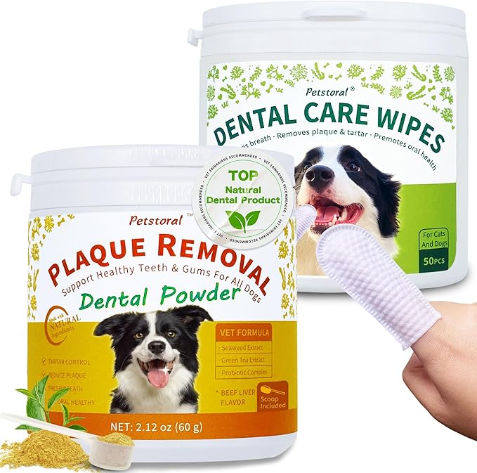 Dental Cleaning Kit, Dental Care Wipes to Clean Plaque on The Surface of The Teeth, Beef Liver Flavour Dental Powder with Probiotic to Solve Oral Problems from The Inside of Digestion