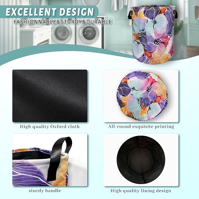 Abstract Watercolor Floral Laundry Basket Foldable With Handles Tote Bag Oxford Cloth Flowers Laundry Hamper Clothes Storage Bucket Toy Organizer 18.9" x 16.5" For Bathroom/Laundry/Bedroom