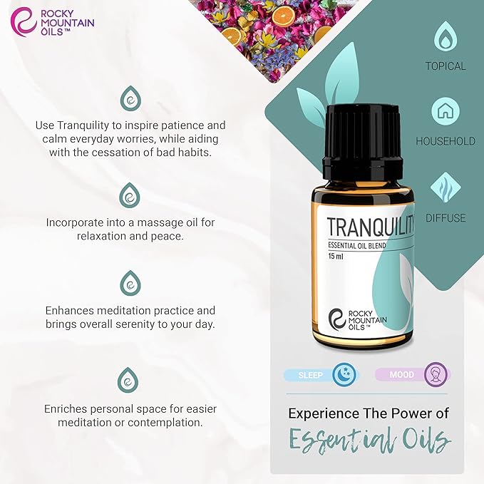 Rocky Mountain Oils Tranquility Essential Oil Blend - Essential Oils for Diffuser, Topical, and Home - Essential Oils to Promote Restful Nights - 15ml