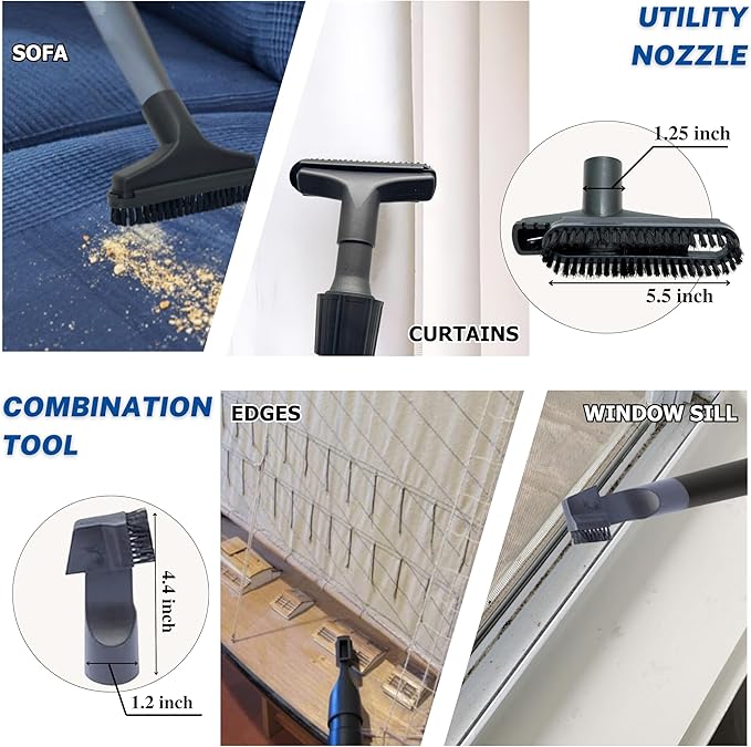 1.25 Inch Vacuum Brush Attachment Kit Compatible with All Vacuums Using 1-1/4'' Accessories - 1.25 Inch Shop Vac Accessories: Horse Hair Dust Brush, Vacuum Extension Wand and More (10 Pack)