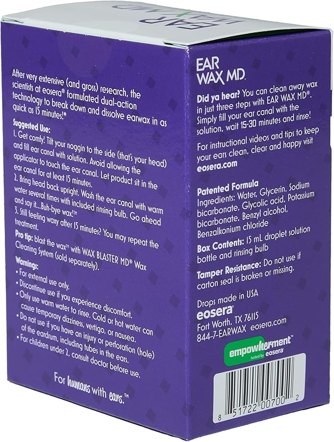 eosera Ear Wax MD Cleaning Kit - Fast-Acting Ear Wax Removal Drops & Rinse Bulb - Doctor Recommended, Clinically Proven Earwax Dissolver for Adults & Kids - Works in 15 Minutes - 15ml Solution
