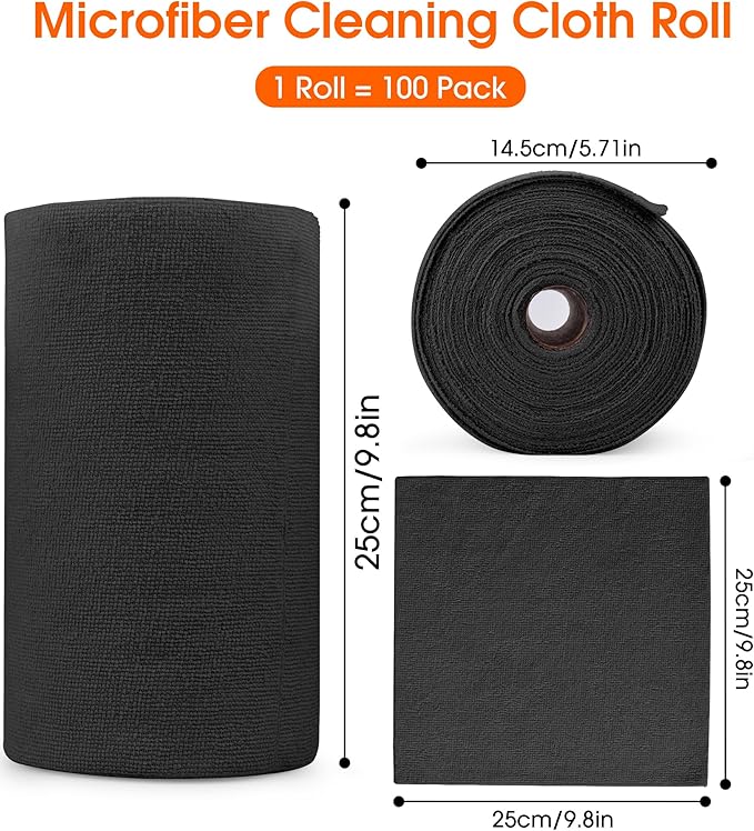 Roll of Microfiber Cleaning Cloth –100 Pack, Tear Away Microfiber Towels, Reusable, Washable, Scratch-Free, Cleaning Supplies,Kitchen Towels for Car, Home, Kitchen, Glass, Dishes(Black)