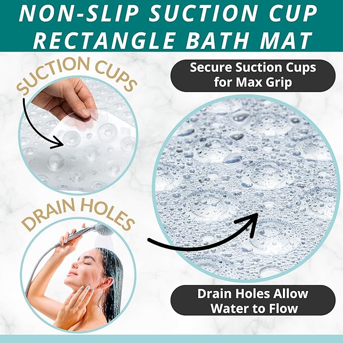 ENKOSI Bath Mat – 40 x 16 Inch Extra Long Non Slip Bathtub Mat – Anti Slip Clear Shower Mat with Suction Cups and Drain Holes – Bathroom Mat for Bath Tub and Smooth Shower Floors (40x16 Clear)