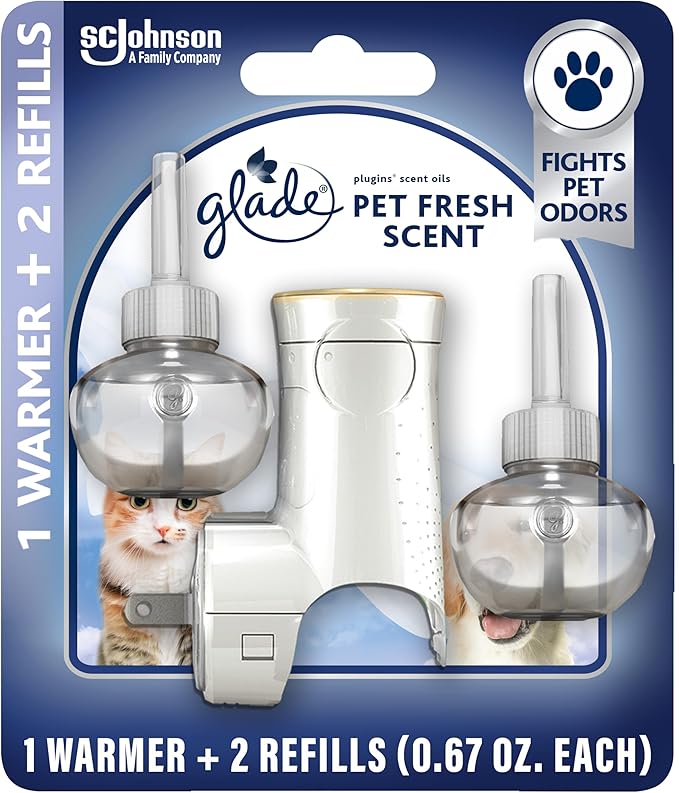 Glade PlugIns Refills Air Freshener Starter Kit, Pet Fresh Scent, Scented and Essential Oils for Home and Bathroom, 0.67 Fl Oz, 1 Warmer + 2 Refills