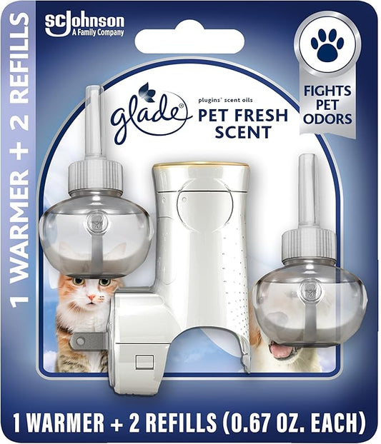 Glade PlugIns Refills Air Freshener Starter Kit, Pet Fresh Scent, Scented and Essential Oils for Home and Bathroom, 0.67 Fl Oz, 1 Warmer + 2 Refills