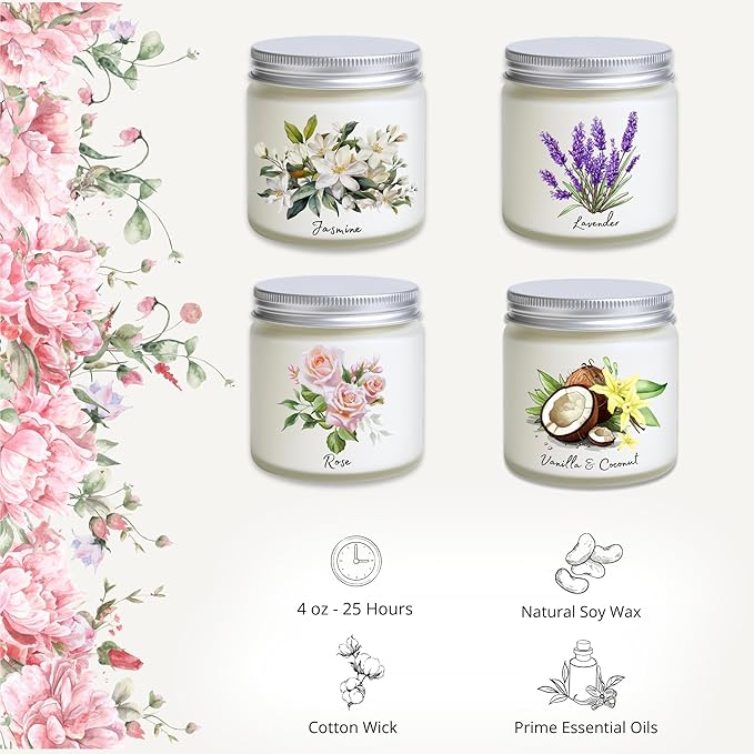 Luina 4 Pack Scented Candles Set, Natural Soy Wax Candles in Frosted Glass Jars, Relaxing Aromatherapy Candle Gift Set for Women and Mom, Birthday and Mother’s Day Gifts