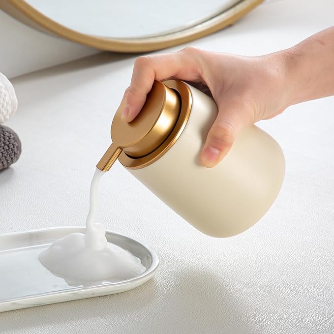 Enra Foaming Soap Dispenser,12 oz BModern Foam Soap Dispenser with Glod Pump for Bathroom,Kitchen with Easy-to-Press Pump (Beige Poam Gold Pump)