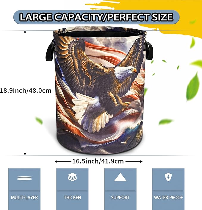 American Flag Bald Eagle Laundry Basket Foldable Oxford Cloth Funny Tote Bag Laundry Hamper Clothes Storage Bucket Toy Organizer For Bathroom/Laundry Storage/Bedroom 18.9x16.5 Inch