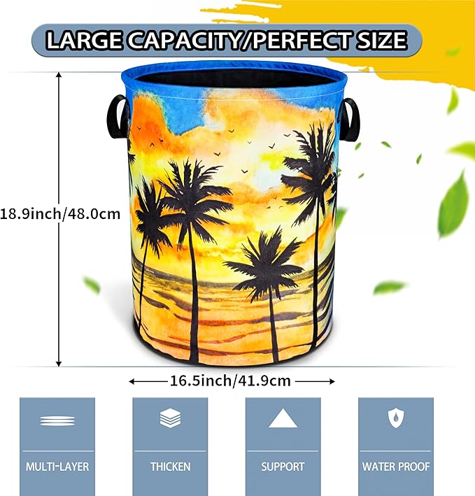 Hawaiian Beach Palm Trees Laundry Basket Sunset Foldable Oxford Cloth Funny Tote Bag Laundry Hamper Clothes Storage Bucket Toy Organizer For Bathroom/Laundry Storage/Bedroom 18.9x16.5 Inch