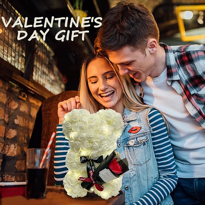 Romantic Valentines Day Gift for Her Rose Artificial Flower Rose Teddy Bear for Wife, Girlfriend Mother Daugther Women. Blind Box for Christmas Birthday Wedding Anniversary (White)