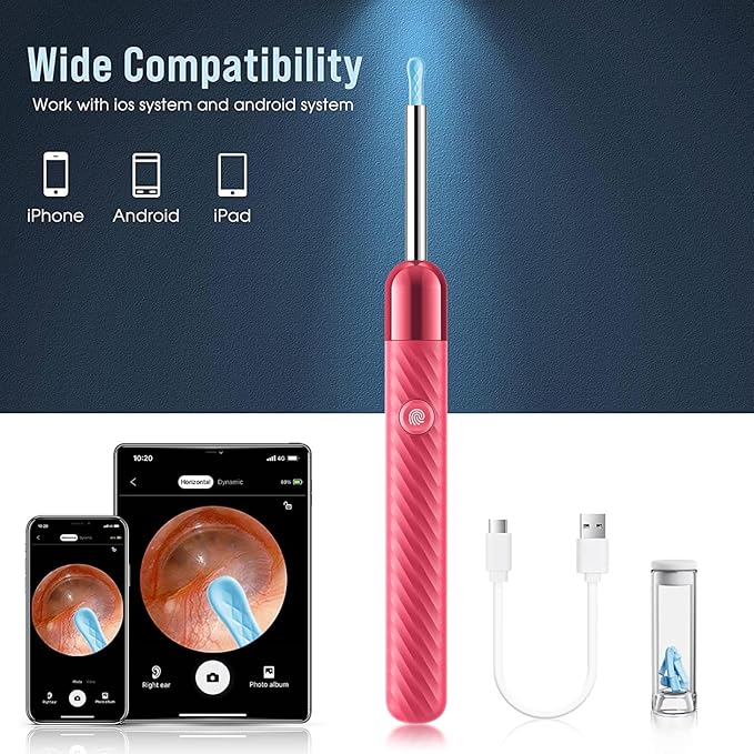 Ear Wax Removal - 1080P Camera Earwax Remover Tool - Ear Canal Cleaner - Ear Cleaning Kit - Ear Camera for iOS & Android (Pink)