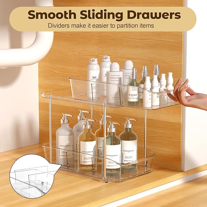 2 Tier Pull-Out Organizer for Bathroom Kitchen, Under Sink Storage with Dividers, Ideal for Cabinet, Cupboard Organization, Slide-Out Clear Storage, 1 Pack