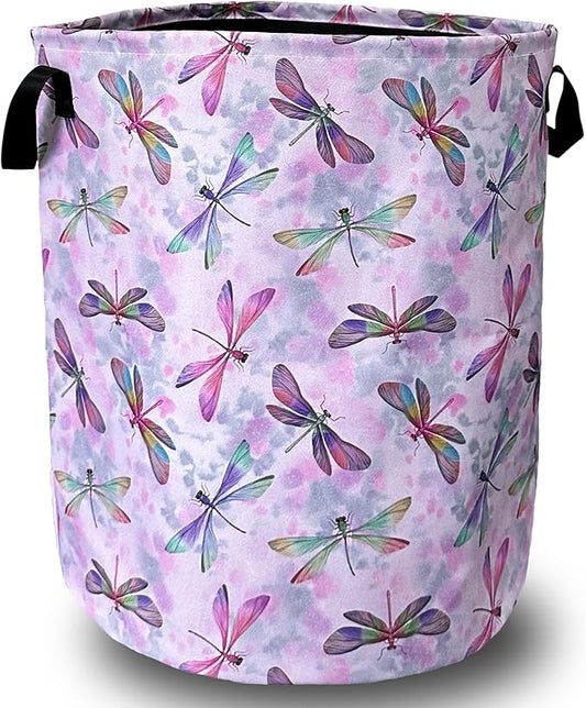 Watercolor Dragonfly Laundry Basket Foldable With Handles Tote Bag Oxford Cloth Colorful Laundry Hamper Clothes Storage Bucket Toy Organizer 18.9"x16.5" For Bathroom/Laundry/Bedroom