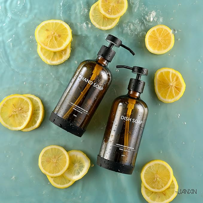 Soap Dispenser Set with Non-Slip Protective Silicone Pad,Hand Soap Dispenser for Bathroom Decor, Amber Kitchen Accessories (Amber Bottles + Black Pumps)