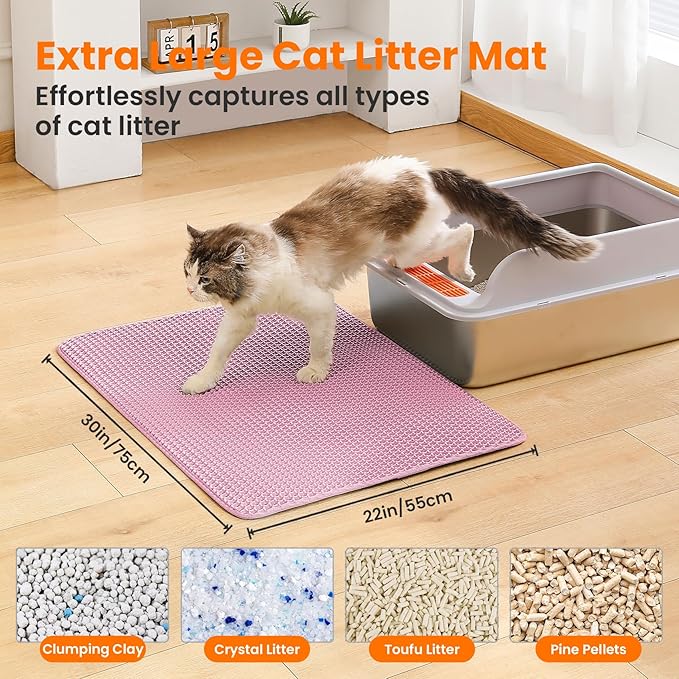 Extra Large Cat Litter Mat, 30x22 Inches Honeycomb Double Layer Cat Litter Trapping Mat, Non Slip Waterproof Urine Proof Large Kitty Litter Box Mat for Floor, Kitten Supplies, XL, Pink
