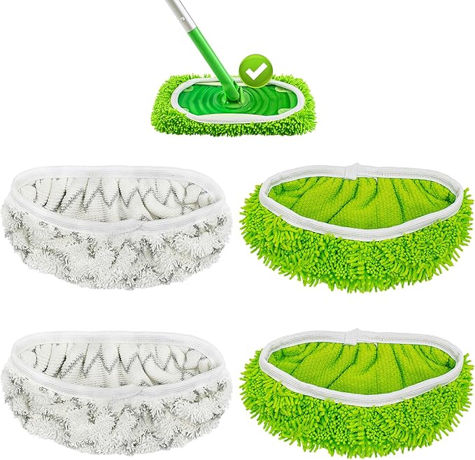 4 Pack Reusable Mop Pads Compatible with Swiffer Sweeper Mop,Wet Pads Refill & Dry Sweeping Cloths,Chenille & Microfiber Refill Pads for Wood Floor Cleaning,Washable Wet Mopping Cloths,Green & Gray