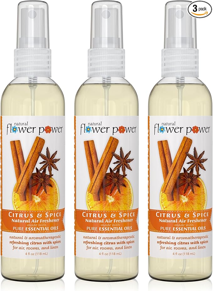 Natural Flower Power Air Freshener Spray - Odor Eliminator w/Essential Oils - Home, Car & Fabric - Cruelty Free & Vegan - 3 - Citrus & Spice - 3 x 4 fl oz