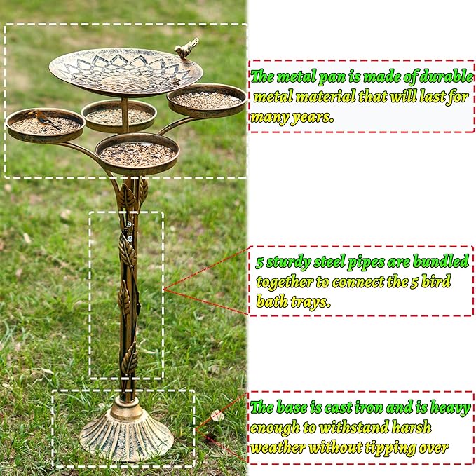 33.5 "H Cast Iron Base Outdoor Bird Bath, Metal Bird Feeding Bowl Tray, Metal Bird Bath Garden Patio Decor