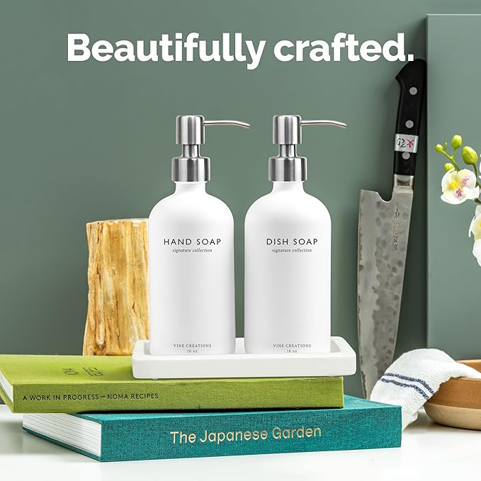 Vine Creations Glass Soap Dispenser Set, Kitchen Soap Dispenser Set with Ceramic Tray, 16 oz Dish Soap and Hand Soap Dispensers with Stainless Steel Pump Decor (White Bottle/Silver)