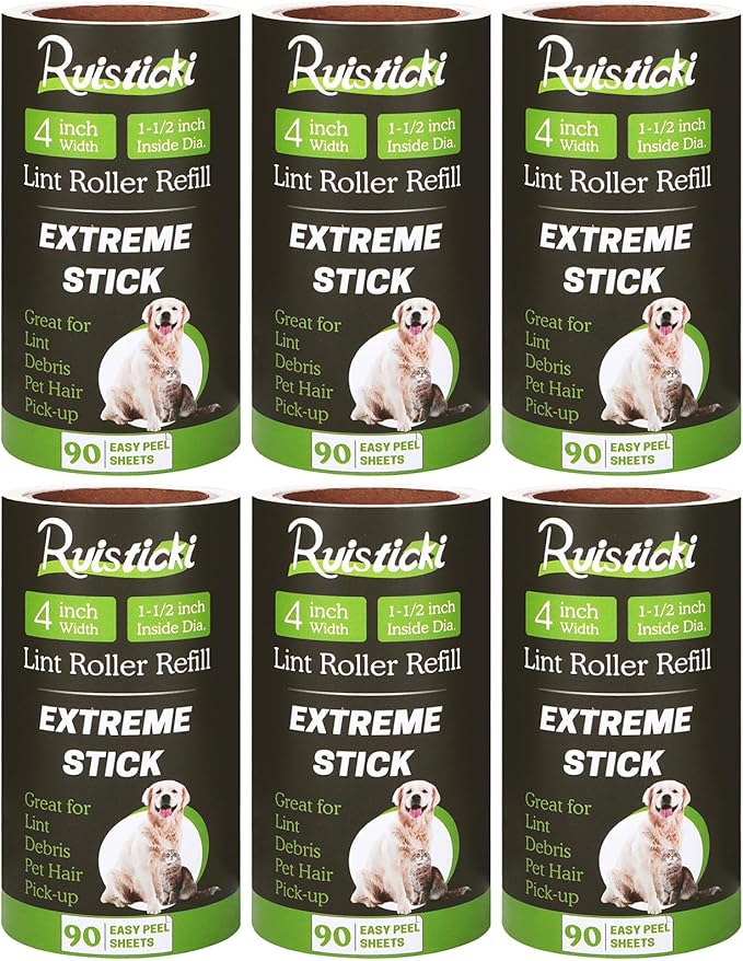 4 inch Lint Roller Refills Compatible with Evercare and Other Lint Rollers with 1 1/2 inch Inside Diameter Extreme Stick 90 Sheets Each Refill (Pack of 6, 540 Sheets Total)