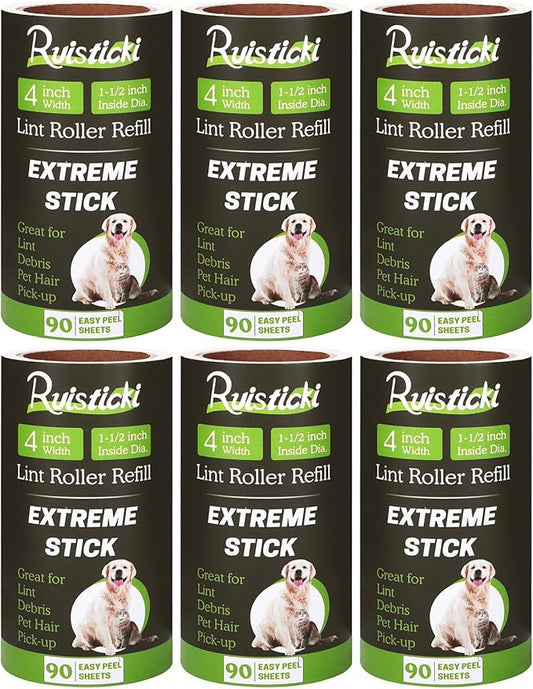 4 inch Lint Roller Refills Compatible with Evercare and Other Lint Rollers with 1 1/2 inch Inside Diameter Extreme Stick 90 Sheets Each Refill (Pack of 6, 540 Sheets Total)
