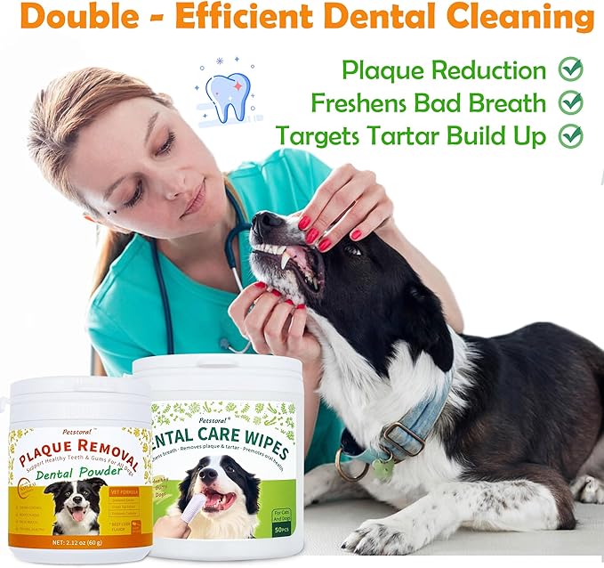 Dental Cleaning Kit, Dental Care Wipes to Clean Plaque on The Surface of The Teeth, Beef Liver Flavour Dental Powder with Probiotic to Solve Oral Problems from The Inside of Digestion