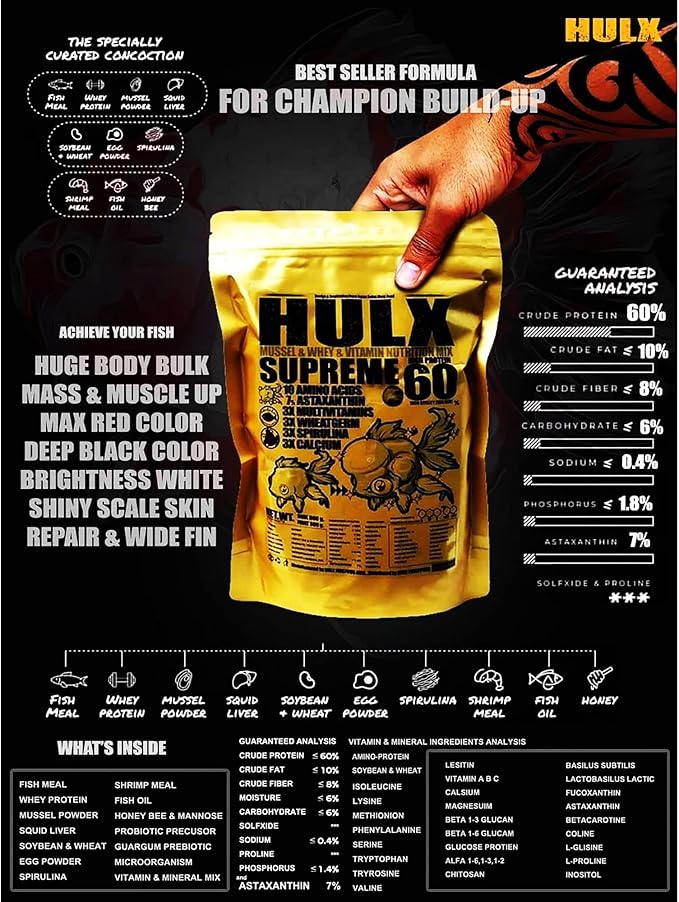 HULX Goldfish Food Sinking Pellets for Big Muscle & Mass Weight Gain, Whey Mixed High Protein 60%, Astaxanthin 7% Fish Food Growth Fast Formula 1.32 Lb.(600 Gram.) 1mm, Healthy, Color Enhancing