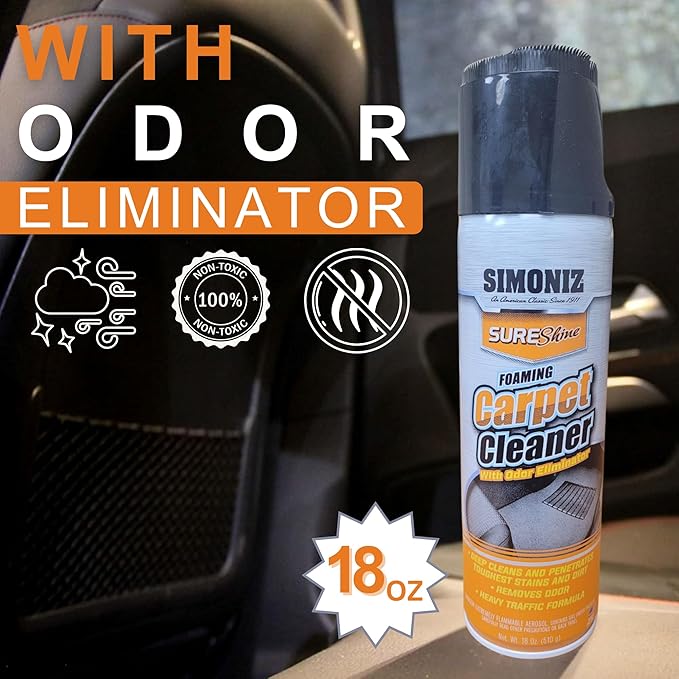 Simoniz Auto Stain & Odor Neutralizer - Fast-Acting Foam w/Built-In Stain Remover Brush - Deep Cleans Your Cars Rugs & Upholstery of Grease, Coffee, Milk, or Other Pesky Stains (New Car Scent)