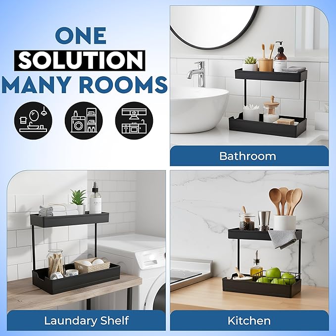 2-Pack Under Sink Organizer, 2-Tier Sliding Cabinet Storage, Under Sink Organizer with Hooks for Kitchen Bathroom Closet Pantry