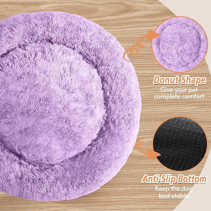 JOLLYVOGUE Small Dog & Cat Beds for Indoor Cats, Donut Cuddler Warming Soft Dog Beds with Anti-Slip Bottom, Round Calming Fluffy Plush Faux Fur Cushion Bed for Large Dogs (36", Purple)