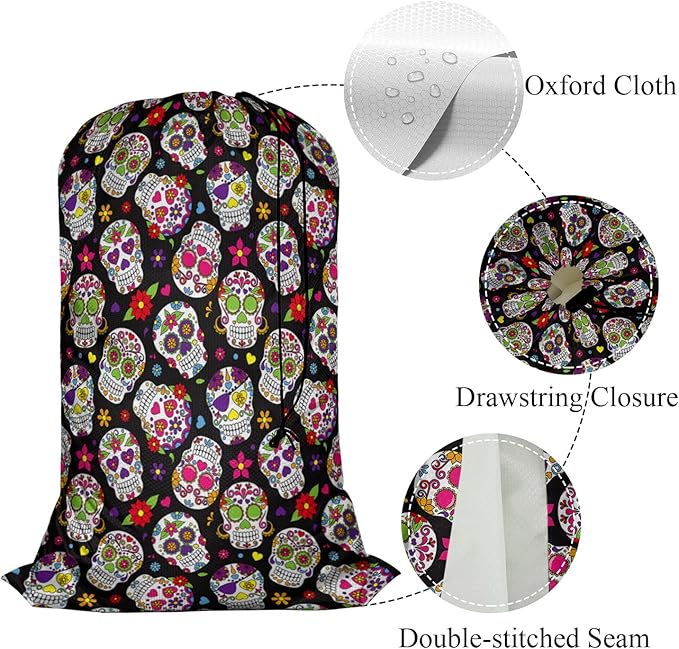 Swono Sugar Skull Drawstring Closure Dirty Clothes Bag Organizer, Heavy Duty Large Laundry Bag, Day Of The Dead Mexican Skeleton Floral Rip-Stop Bags for Camp Travel, Machine Washable, Spooky