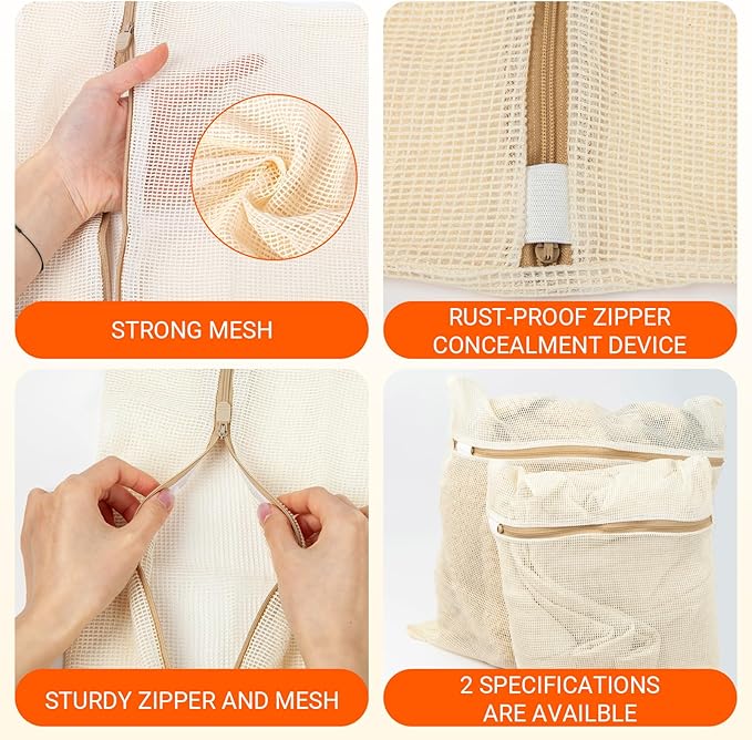 6Pcs Organic Cotton Mesh Laundry Bags for Delicates, Durable Mesh Wash Bags, Sturdy Zipper Laundry Bag for Underwear, Clothes, Shoes, Socks, (3 Large, 3 Medium)