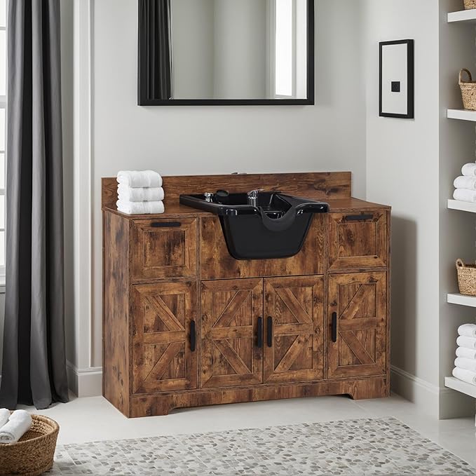 BarberPub Portable Shampoo Station, Shampoo Bowl with Cabinet & Drawer, Salon Geometric Finish Station with Sprayer Faucet, Barber Storage Equipment with Hair Wash Backwash Sink 3439 (Rustic Brown)