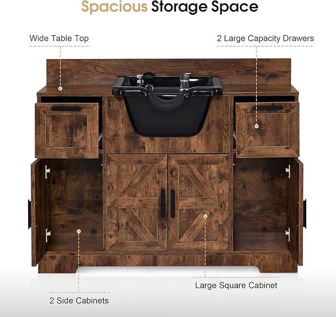 BarberPub Portable Shampoo Station, Shampoo Bowl with Cabinet & Drawer, Salon Geometric Finish Station with Sprayer Faucet, Barber Storage Equipment with Hair Wash Backwash Sink 3439 (Rustic Brown)