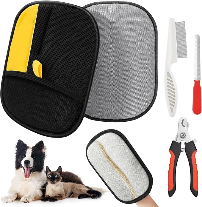 Pet Hair Remover Glove - 4-in-1 Grooming Kit with Hair Removal Glove, Nail Clippers, Comb & File - Dog & Cat Grooming Tools for Furniture, Clothes & Fur”