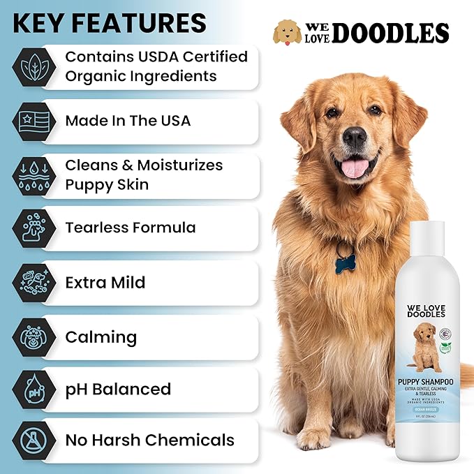 We Love Doodles Puppy Shampoo & Conditioner and Dog Slicker Brush | Organic Ingredients | Tear Free | Sensitive & Itchy Skin Wash | Brush for Grooming Pet Hair | Pin Brush for Dematting | Made in USA