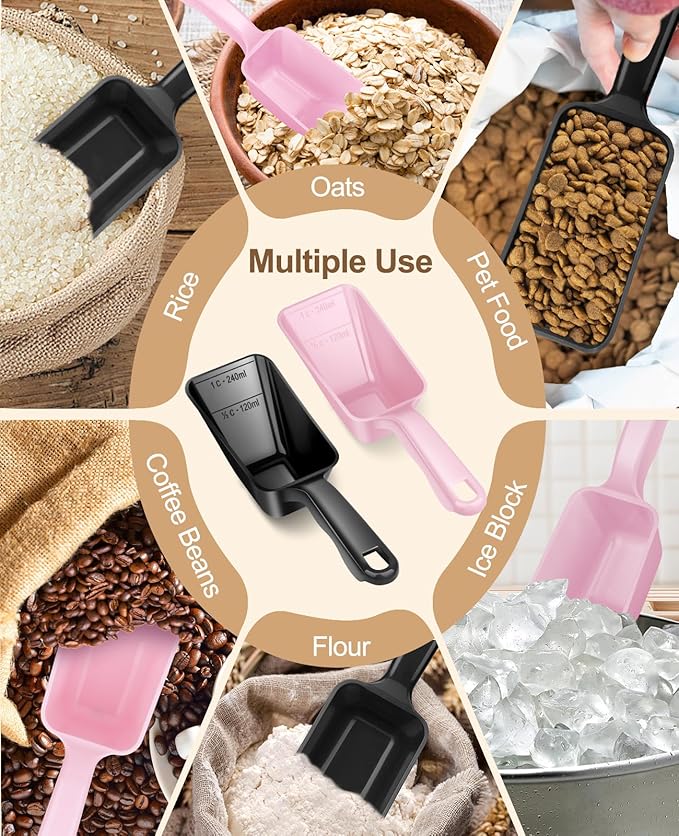 2-Pack Dog Food Scoop 1 Cup, Plastic Pet Food Measuring Scoop With Measuring Lines (1/2 & 1 Cup Markings) for Dogs, Cats, Fish, Bird（Black and Pink)